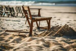 un' sedia su il spiaggia con sabbia e un' di legno tavola. ai-generato foto