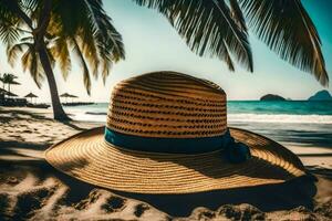 un' cappello su il spiaggia con palma alberi. ai-generato foto