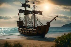 un' pirata nave su il spiaggia. ai-generato foto