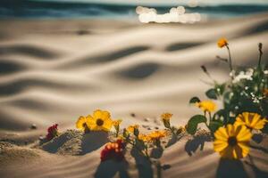 fiori in crescita nel il sabbia su un' spiaggia. ai-generato foto