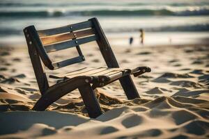 un' di legno sedia si siede su il sabbia a il spiaggia. ai-generato foto