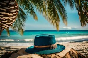 un' cappello si siede su un' albero ceppo vicino il oceano. ai-generato foto