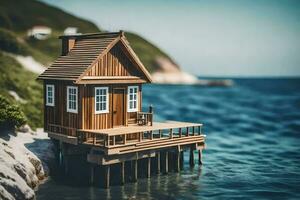 un' miniatura di legno Casa su un' molo di il oceano. ai-generato foto