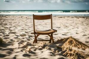 un' sedia si siede su il sabbia a il spiaggia. ai-generato foto