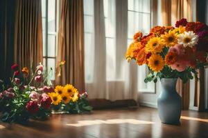 un' vaso di fiori seduta su un' di legno pavimento. ai-generato foto