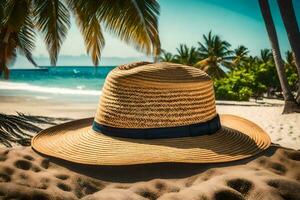 un' cappello su il spiaggia. ai-generato foto