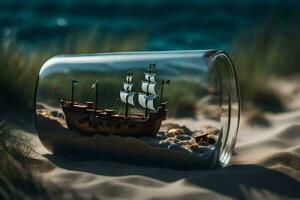 un' piccolo nave nel un' bicchiere bottiglia su il spiaggia. ai-generato foto