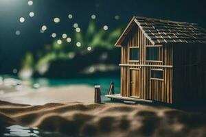 un' piccolo di legno Casa su il spiaggia a notte. ai-generato foto