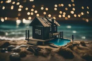 un' miniatura Casa su il spiaggia a notte. ai-generato foto