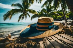 un' cappello si siede su il spiaggia vicino palma alberi. ai-generato foto