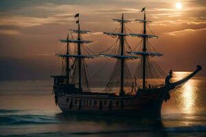 un' pirata nave andare in barca nel il oceano a tramonto. ai-generato foto