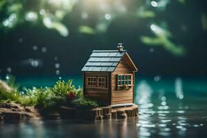 un' miniatura Casa su un' piccolo isola nel il mezzo di un' lago. ai-generato foto