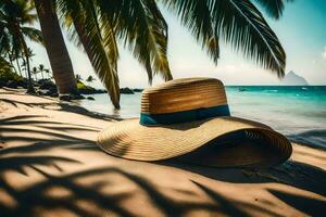 un' cappello su il spiaggia con palma alberi. ai-generato foto