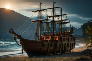 un' di legno nave su il spiaggia a tramonto. ai-generato foto