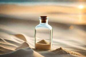 sabbia nel un' bottiglia su il spiaggia. ai-generato foto
