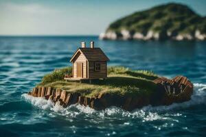 un' piccolo Casa su un isola nel il oceano. ai-generato foto