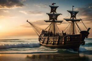 un' pirata nave è andare in barca su il oceano a tramonto. ai-generato foto