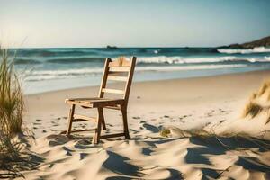 un' di legno sedia si siede su il spiaggia vicino il oceano. ai-generato foto