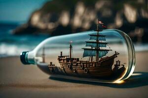 un' nave nel un' bottiglia su il spiaggia. ai-generato foto