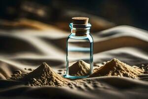 un' bottiglia di sabbia e sabbia nel il deserto. ai-generato foto