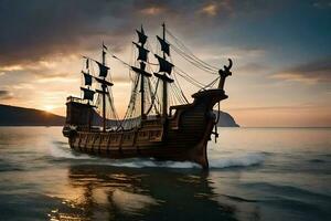un' pirata nave è andare in barca nel il oceano a tramonto. ai-generato foto