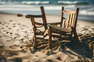 Due di legno sedie seduta su il sabbia vicino il oceano. ai-generato foto