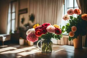 fiori nel un' vaso su un' tavolo nel davanti di un' finestra. ai-generato foto