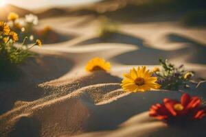 foto sfondo sabbia, fiori, il sole, il deserto, fiori, il deserto, fiori,. ai-generato