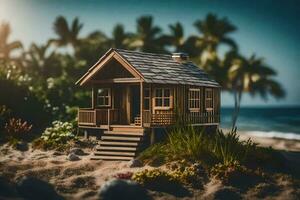 un' piccolo di legno Casa su il spiaggia. ai-generato foto
