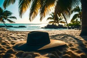 un' cappello su il spiaggia. ai-generato foto