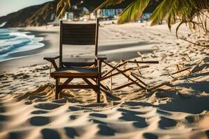 un' sedia si siede su il spiaggia vicino il oceano. ai-generato foto