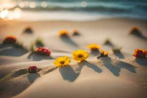 foto sfondo sabbia, fiori, il spiaggia, il sole, il mare, il oceano, il. ai-generato