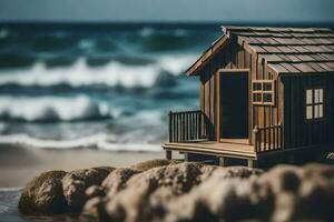 un' miniatura di legno Casa su il spiaggia. ai-generato foto