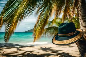 un' cappello si siede su un' palma albero vicino il spiaggia. ai-generato foto