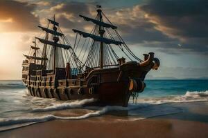 un' pirata nave è su il spiaggia a tramonto. ai-generato foto
