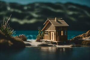 un' miniatura di legno Casa si siede su il riva di un' lago. ai-generato foto