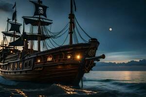 un' pirata nave nel il oceano a notte. ai-generato foto
