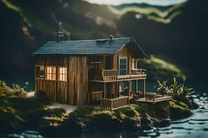 un' miniatura Casa su un' piccolo isola. ai-generato foto