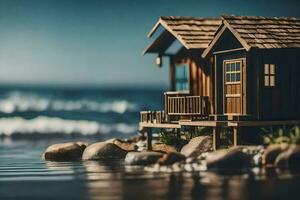 un' miniatura di legno Casa su il spiaggia. ai-generato foto