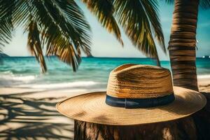 un' cannuccia cappello su un' palma albero su il spiaggia. ai-generato foto