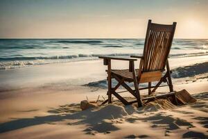 un' sedia si siede su il spiaggia a tramonto. ai-generato foto