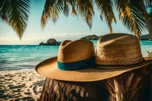 Due cappelli su un' albero ceppo su il spiaggia. ai-generato foto