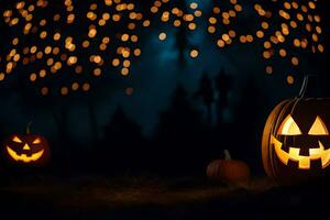 Halloween zucche nel il buio con luci. ai-generato foto