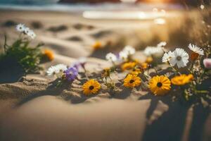 fiori su il spiaggia a tramonto. ai-generato foto