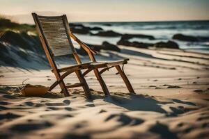 un' di legno sedia si siede su il spiaggia a tramonto. ai-generato foto