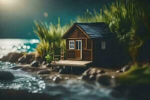 un' miniatura Casa su il riva di un' lago. ai-generato foto