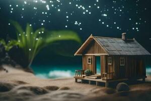 un' miniatura Casa su il spiaggia con stelle. ai-generato foto