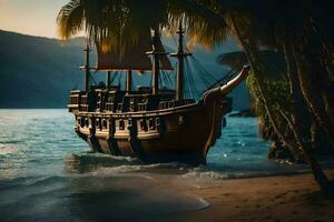 un' pirata nave è su il spiaggia vicino palma alberi. ai-generato foto
