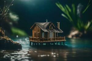 un' miniatura Casa su un' molo nel il acqua. ai-generato foto