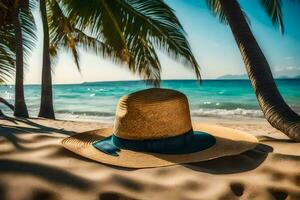 un' cappello si siede su il sabbia vicino palma alberi. ai-generato foto